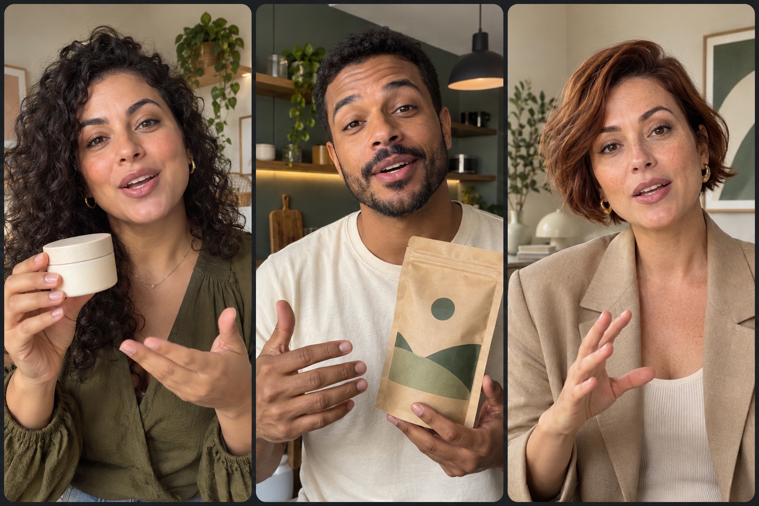 Apresentadores fictícios gerados com IA em cenas de produto.