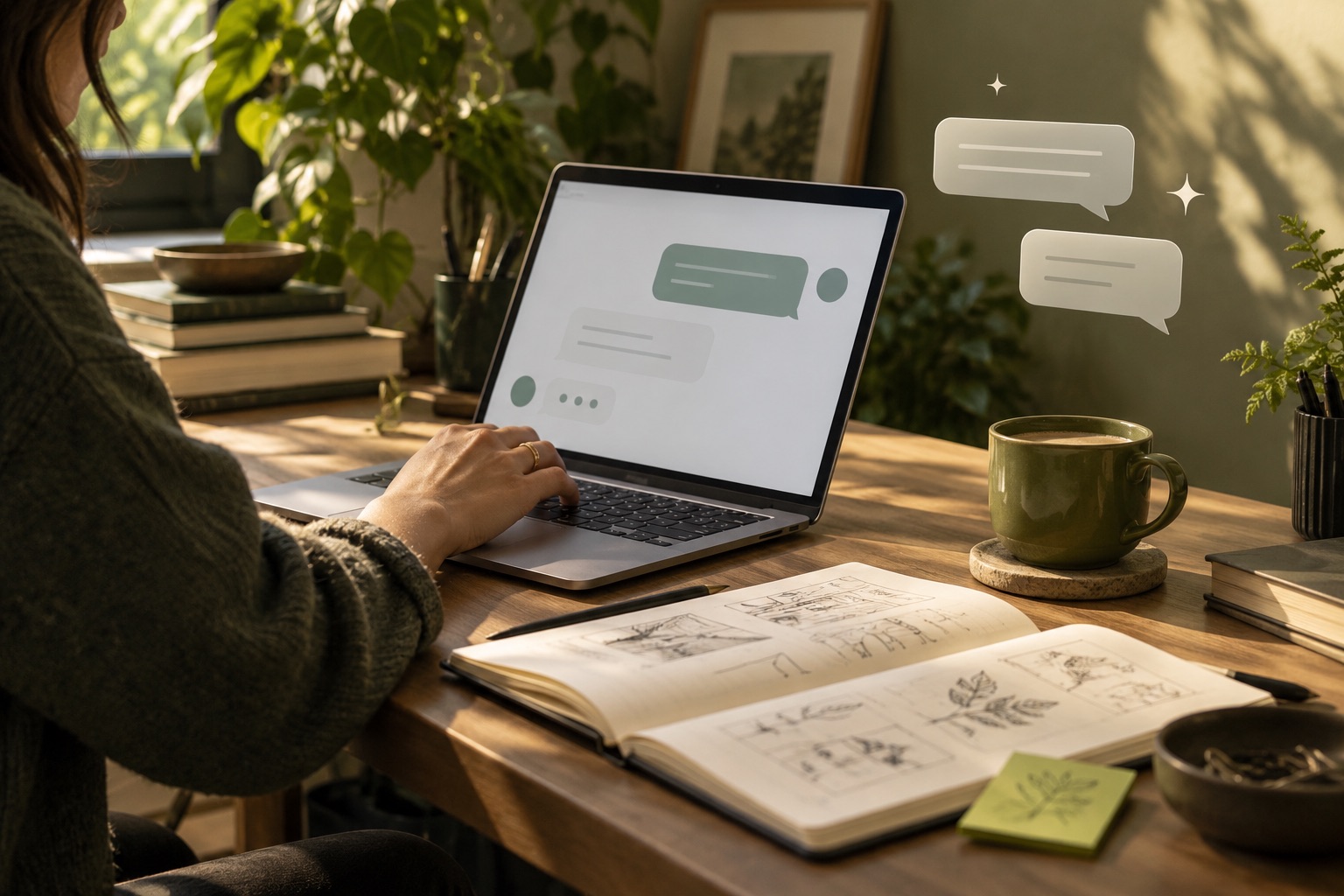 Pessoa trabalhando em um notebook com uma representação ilustrativa de conversa com IA.