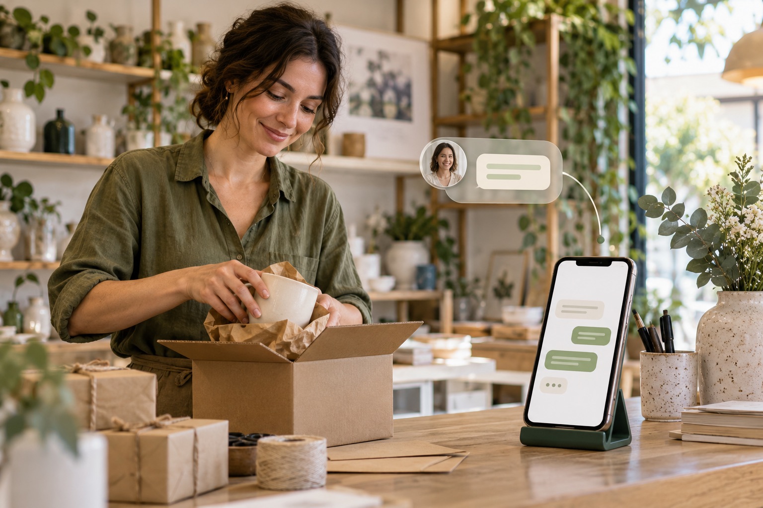 Cena fictícia de uma empreendedora com uma representação de atendimento por chatbot.