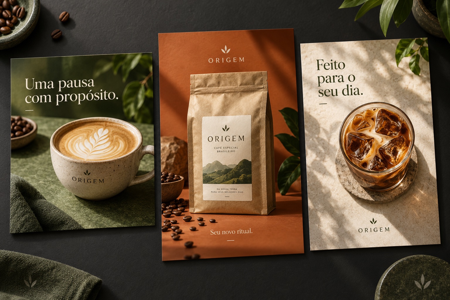 Peças de campanha de café criadas com IA para uma marca fictícia.